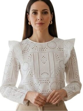 The Kooples White Eyelet Flower Embroidery Blouse Women's Size Small (1) New